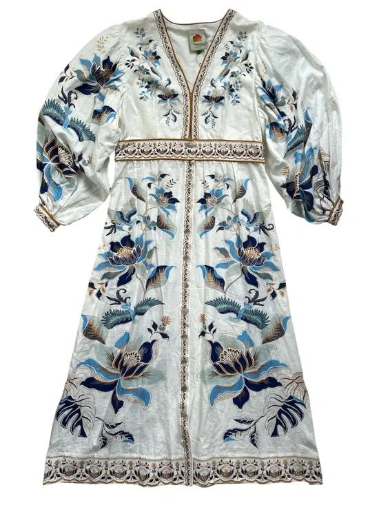 FARM Rio Mystic Blue Lotus Dreamscape Linen Blend L/S Maxi Dress NWT Size XL - Picture 5 of 11